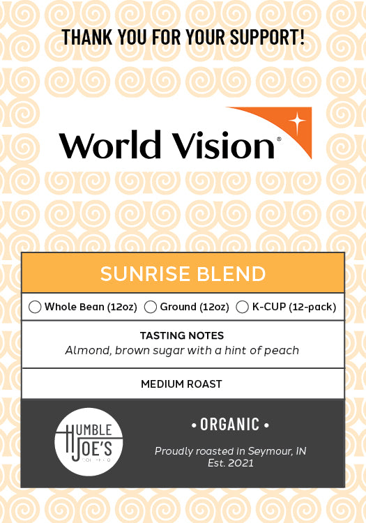 World Vision Sunrise Blend coffee package with branding and product details.